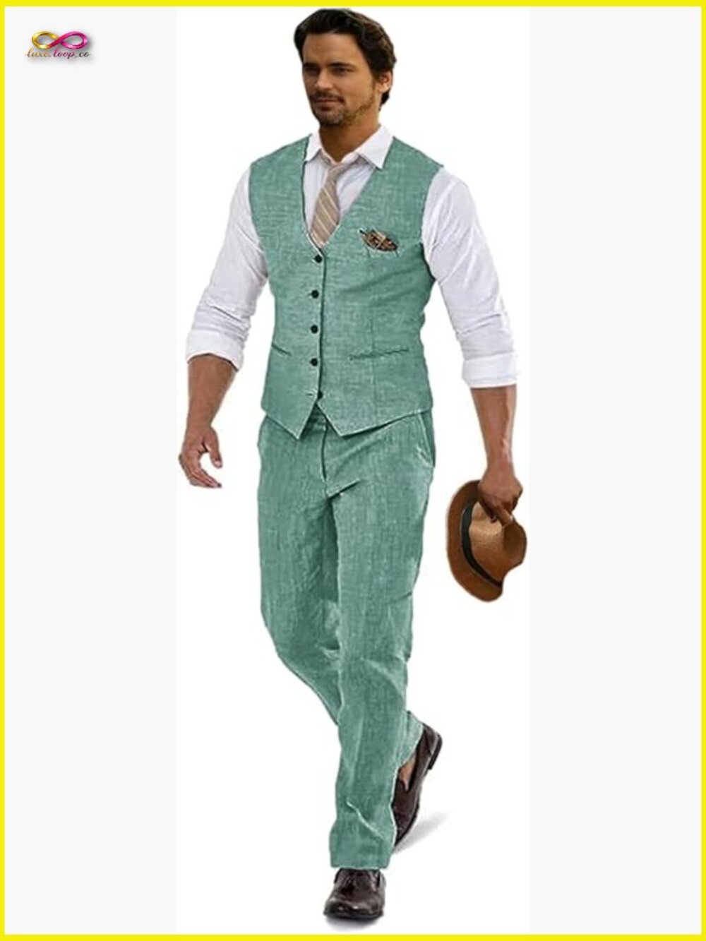 Linen Suit Slim Fit Men's Two Piece Vest Pants Set Formal Business Wedding